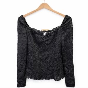 Venus Black Crinkled Stretch Floral Lace Bardot Style Top Sz Lg